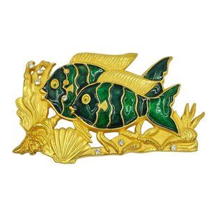 Doreen Ryan Swimming Fish Brooch Gold Plate Enamel Bold 4" Signed VTG 1994